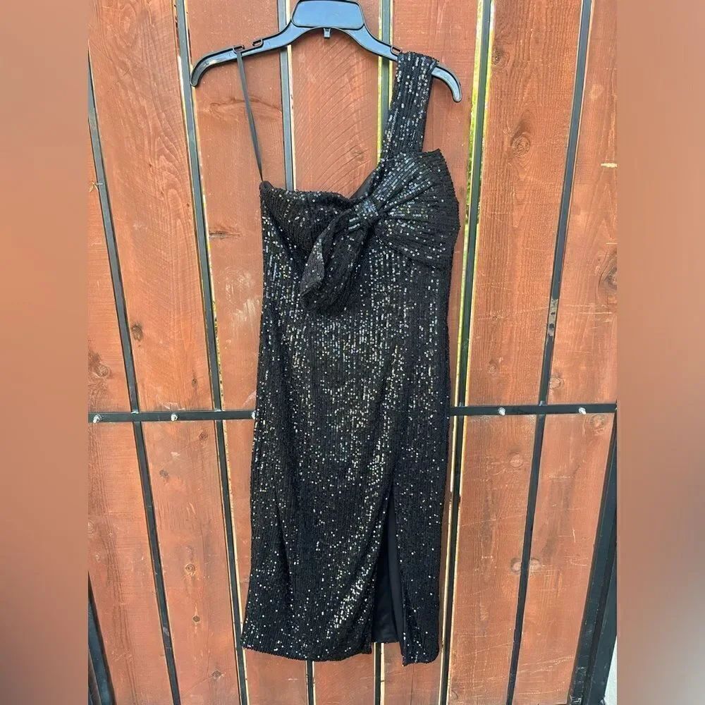 Mac Duggal One Shoulder Front Bow Cocktail Dress Evening Slit Midi 11286